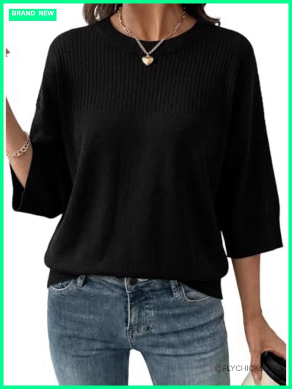 Womens 3/4 Sleeve Cropped Knit Sweater Pullover Crew Neck Lightweight